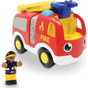 Toy fire truck with ladder and firefighter figure on a white background,