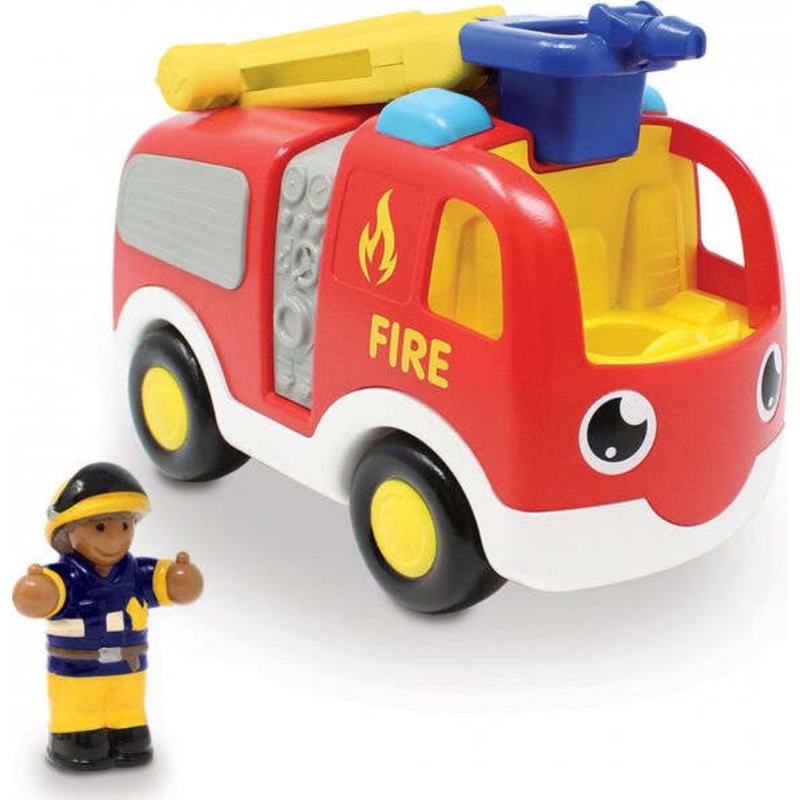 Toy fire truck with ladder and firefighter figure on a white background,