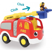 Toy fire truck with a ladder and firefighter figure on a white background,