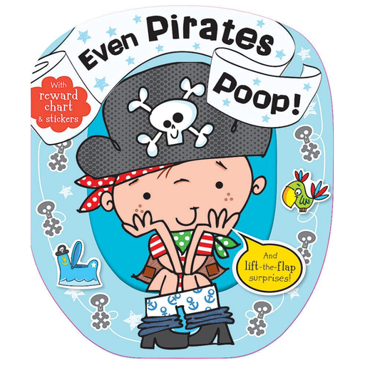 Children's book cover with a pirate-themed design and text 'Even Pirates Poop!'.