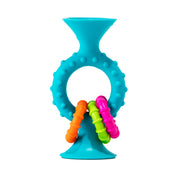 Teal textured teething ring from Fat Brain called pipSquigs Loops. Has colorful rings on a white background.
