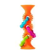 Orange textured teething ring from Fat Brain called pipSquigs Loops. Has colorful rings on a white background.