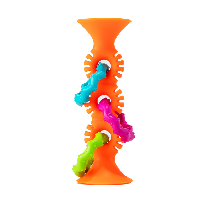 Orange textured teething ring from Fat Brain called pipSquigs Loops. Has colorful rings on a white background.