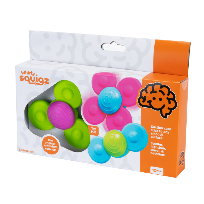 Whirly Squigz toy packaging with colorful suction cups on a white background.