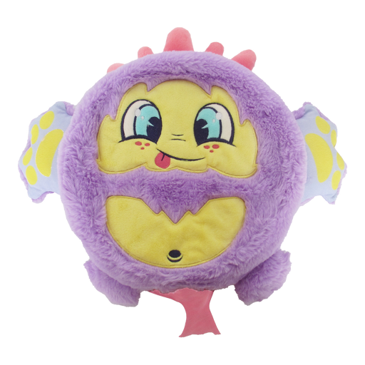 Purple furry plush toy with yellow face, big eyes, and pink spikes on head
