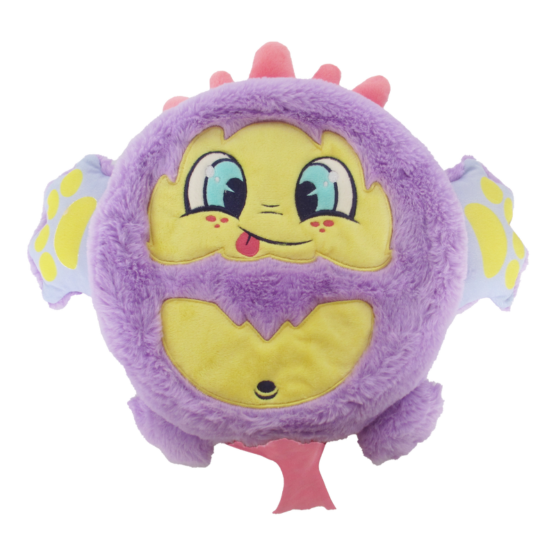 Purple fuzzy round plush toy with yellow face, big eyes, and small spikes