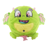 Green plush Fart Monster toy with cute eyes, yellow belly, and pink paws