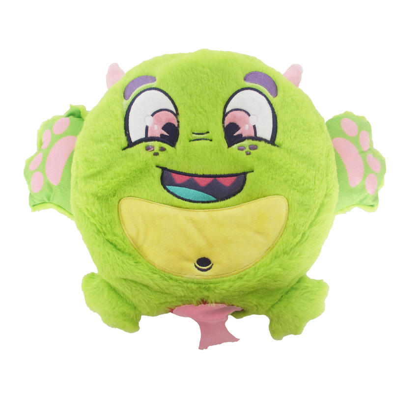 Green plush Fart Monster toy with cute eyes, yellow belly, and pink paws