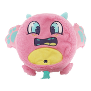 Pink furry Fart Monster Cheeky plush toy with blue accents and yellow belly