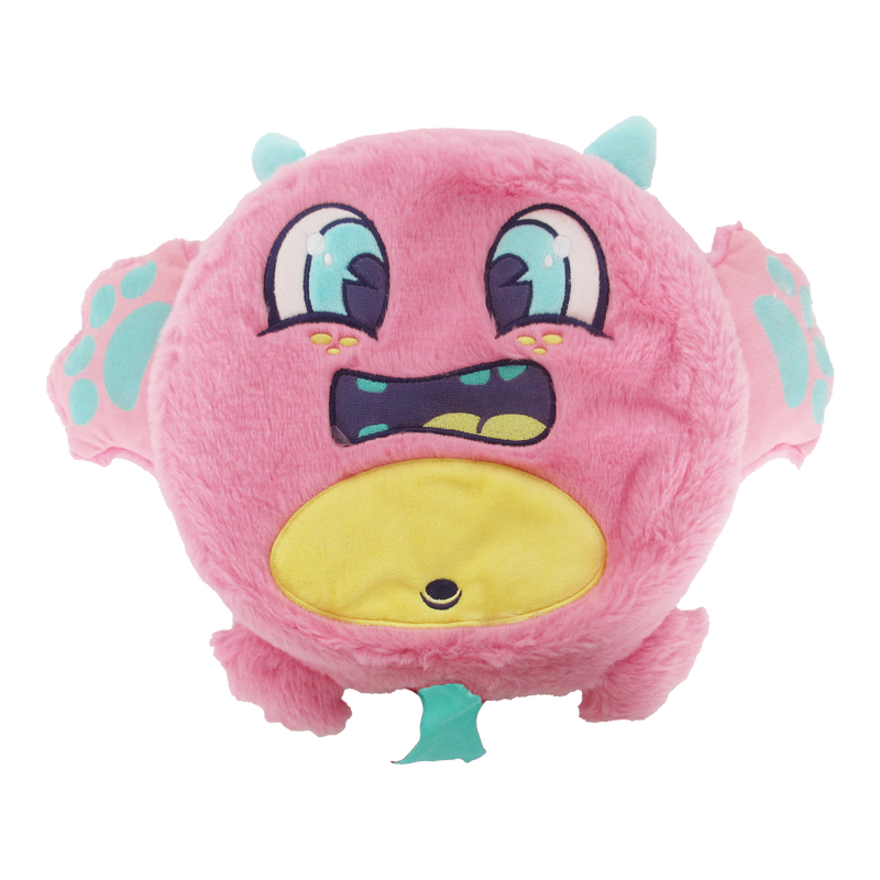 Pink furry Fart Monster Cheeky plush toy with blue accents and yellow belly