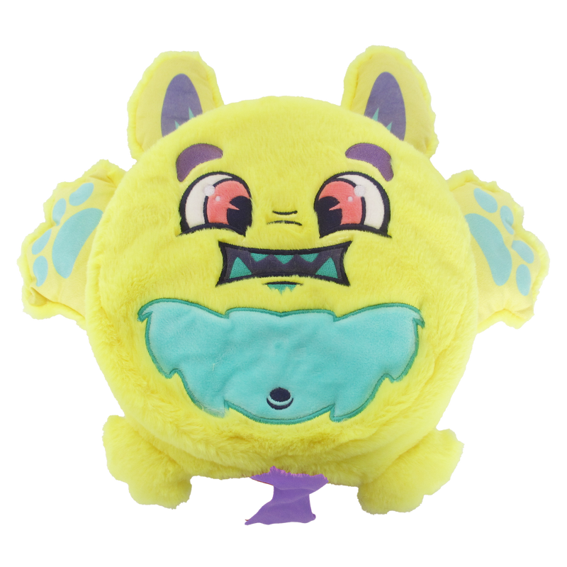 Yellow furry monster plush toy with purple ears, orange eyes, and turquoise mouth details