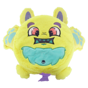 Yellow fuzzy Fart Monster Fizzler plush toy with blue accents and purple ears