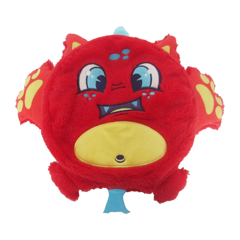 Red furry Fart Monster plush toy with yellow belly and blue accents on white background