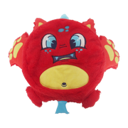 Red plush Fart Monster Tootles toy with yellow belly and blue accents
