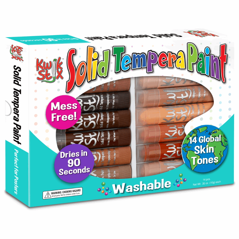 Kwik Stix Solid Tempera Paint set featuring 14 global skin tone colors in washable paint sticks