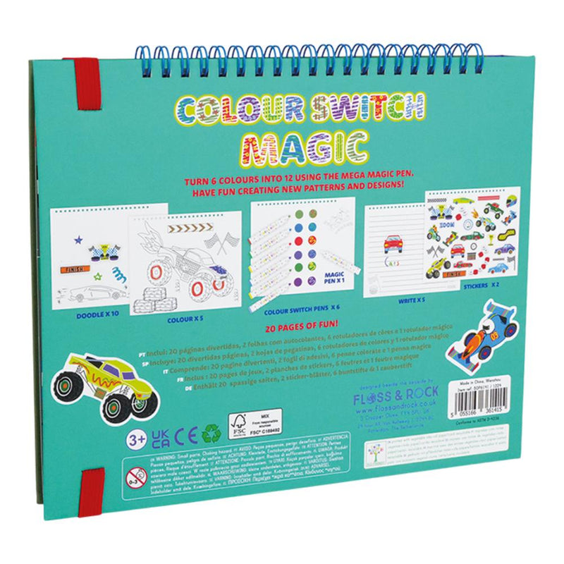 Floss & Rock Cars Color Switch Magic activity book with spiral binding and sample pages