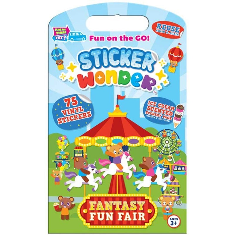Sticker book packaging with a fantasy fun fair design on a white background