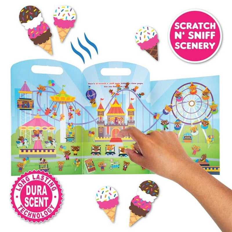 Scratch and sniff book with ice cream scents and a hand interacting with it, set against a white background.