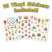 Three sheets of colorful stickers with text indicating 75 vinyl stickers included.