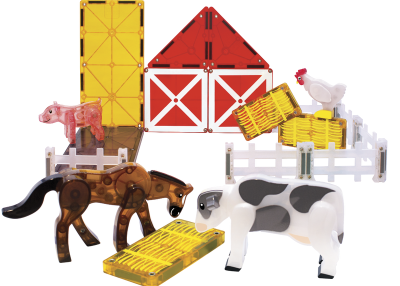 Magna-Tiles Farm Animals 25-piece set with barn, fence, cow, horse, pig, and chicken figures