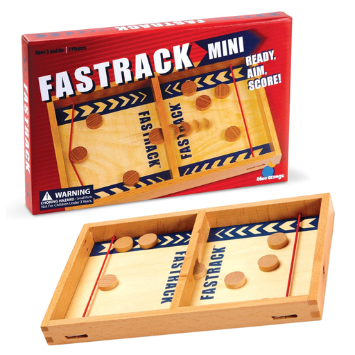 Wooden game set and game with 'Fastrack Mini' packaging on a white background.
