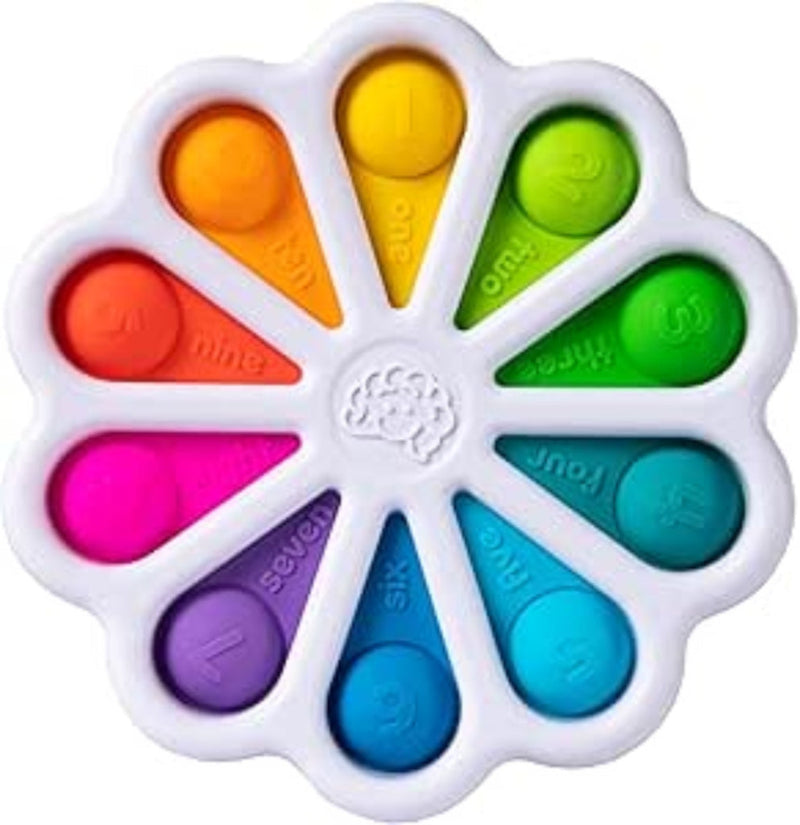 Dimpl Digits flower-shaped sensory toy with colorful silicone bubbles in white frame