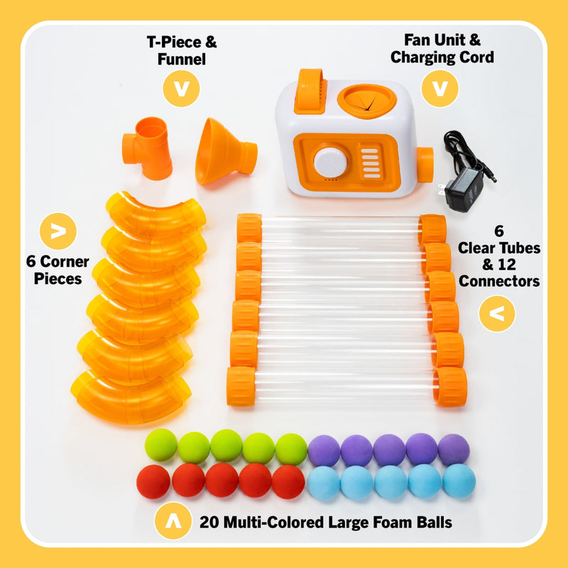 Separate components of Fat Brain's EVO Air Toobz products.  Includes T-Piece, Funnel, Fan Unit, Corner Pieces, Clear Tubes, Connectors & Multi-Colored Foam Balls on a white background.