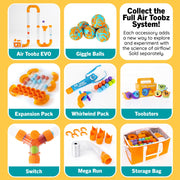 Picture illustrates the full Air Toobz system -- the EVO, Giggle Balls, Expansion Pack, Whirlwind Pack, Toobsters, Switch, Mega Run and Storage Bag.