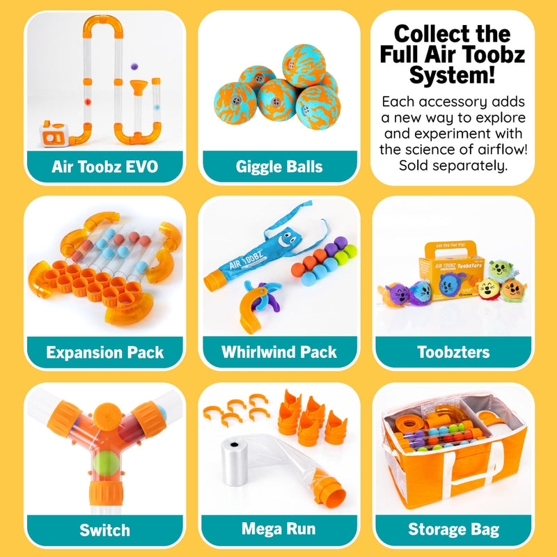 Picture illustrates the full Air Toobz system -- the EVO, Giggle Balls, Expansion Pack, Whirlwind Pack, Toobsters, Switch, Mega Run and Storage Bag.