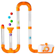 Air Toobz is an orange and clear plastic ball maze toy with transparent tubes, colorful balls, a funnel, and a white and orange control box on a solid white background.