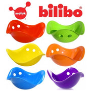 Six colorful Moluk Bilibo bird-shaped toys in red, green, yellow, orange, blue, and purple, arranged in a grid on a white background with the Moluk and Bilibo logos at the top.
