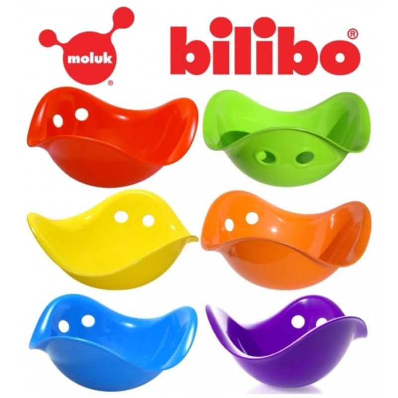 Six colorful Moluk Bilibo bird-shaped toys in red, green, yellow, orange, blue, and purple, arranged in a grid on a white background with the Moluk and Bilibo logos at the top.