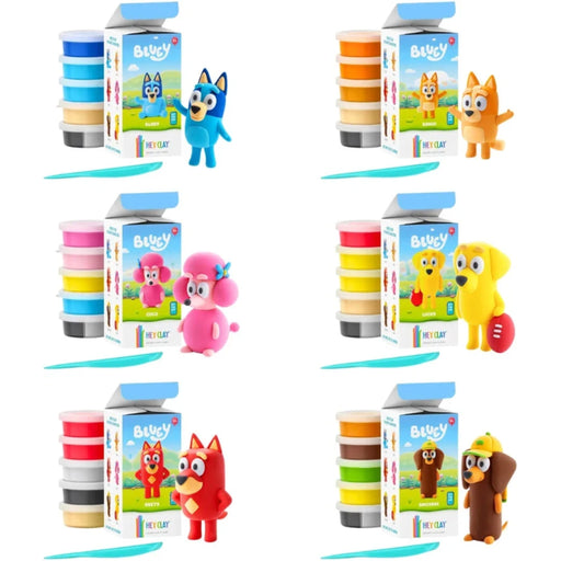 Six sets of Blueu Character modeling clay kits arranged in a 2x3 grid on a white background. Each set includes a stack of colorful clay pots, a toy box featuring the Beaky character, and a small clay figure.