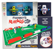 Boxed Fat Brain Toy Co. Foosbots Rivals Cup toy set shown on a retail package with a felt soccer field, small robot figures, and a demonstration inset of a hand spinning a ball.