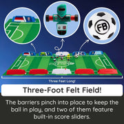Toy soccer field with inset images of a soccer field, robot, and ball, featuring the EB logo.