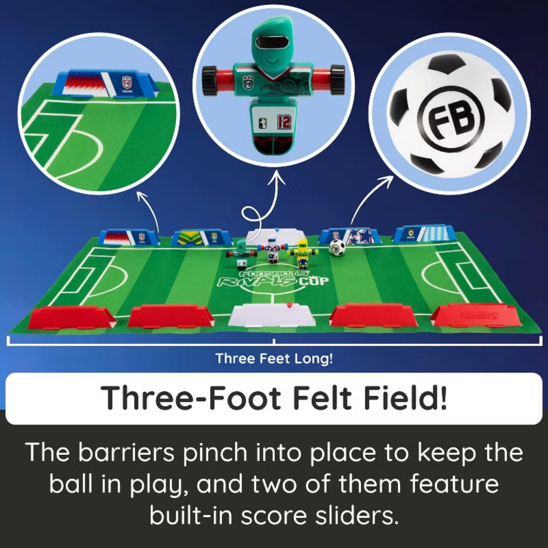 Toy soccer field with inset images of a soccer field, robot, and ball, featuring the EB logo.