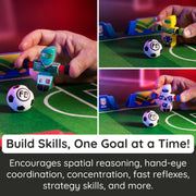 Collage of toy figures and soccer balls on a miniature field with promotional text.