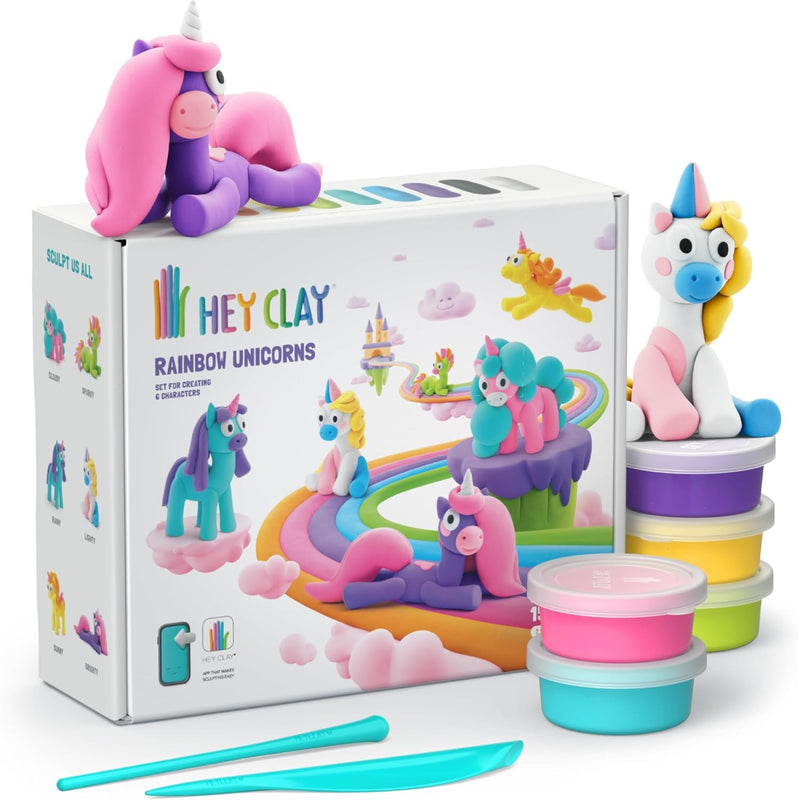 Product Box for Hey Clay Rainbow Unicorns. Picture shows 5 jars of air clay in various colors.  Two sample unicorns are also pictured. 