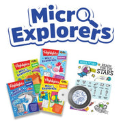 Micro Explorers educational kit by Highlights, featuring multiple colorful activity booklets, a magnifier, and sticker sheets on a plain white background.