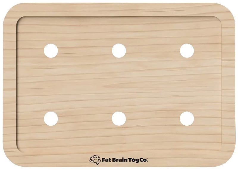 The PlayTab Board from is a rectangular wooden toy tray with rounded corners, featuring six circular cutouts and the 'Fat Brain Toy Co.' logo printed at the bottom center, shown on a plain white background.