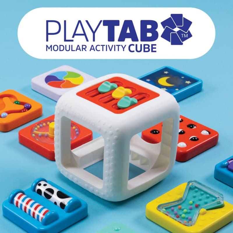 PlayTab Modular Activity Cube toy set on a light blue background, with a white central cube showing colorful activity panels and several matching activity pieces arranged around it. A large PlayTab logo and the words 'MODULAR ACTIVITY CUBE' appear at the top.
