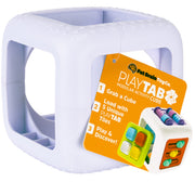 A white modular activity cube toy by Fat Brain Toy Co. with an orange product tag attached, photographed on a clean white background.