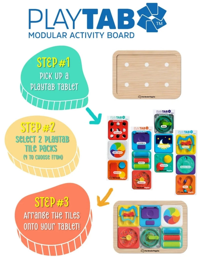 PlayTab Modular Activity Board set instructions and product display on a white background. The image shows the PlayTab logo at the top, three colored instructional circles with text for steps 1, 2, and 3, a natural wood activity board, and several colorful modular tiles arranged both loose and attached to a board.