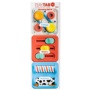 PlayTab Modular Activity Boards Sensory Set 6 toy package, featuring three colorful activity panels: pulleys, sliders, and spinners, on a white background.