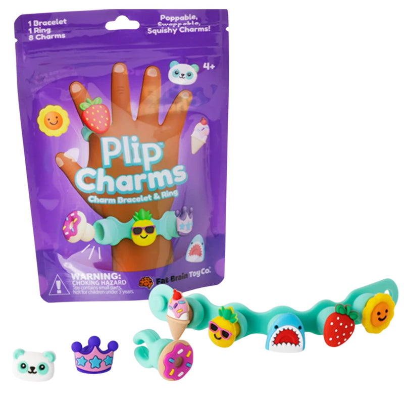 A purple bag full of supplies to make Fat Brain's Plip Charms. Supplies included are enough to make a bracelet and rings as well as the indiidual charms.  Pictures are on a white background.