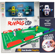 Boxed Fat Brain Toy Co. Foosbots Rivals Cup toy game showing a felt soccer field with robot soccer figures, soccer balls, and promotional text on the packaging.
