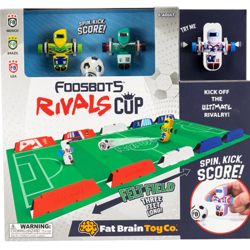 Boxed Fat Brain Toy Co. Foosbots Rivals Cup toy game showing a felt soccer field with robot soccer figures, soccer balls, and promotional text on the packaging.