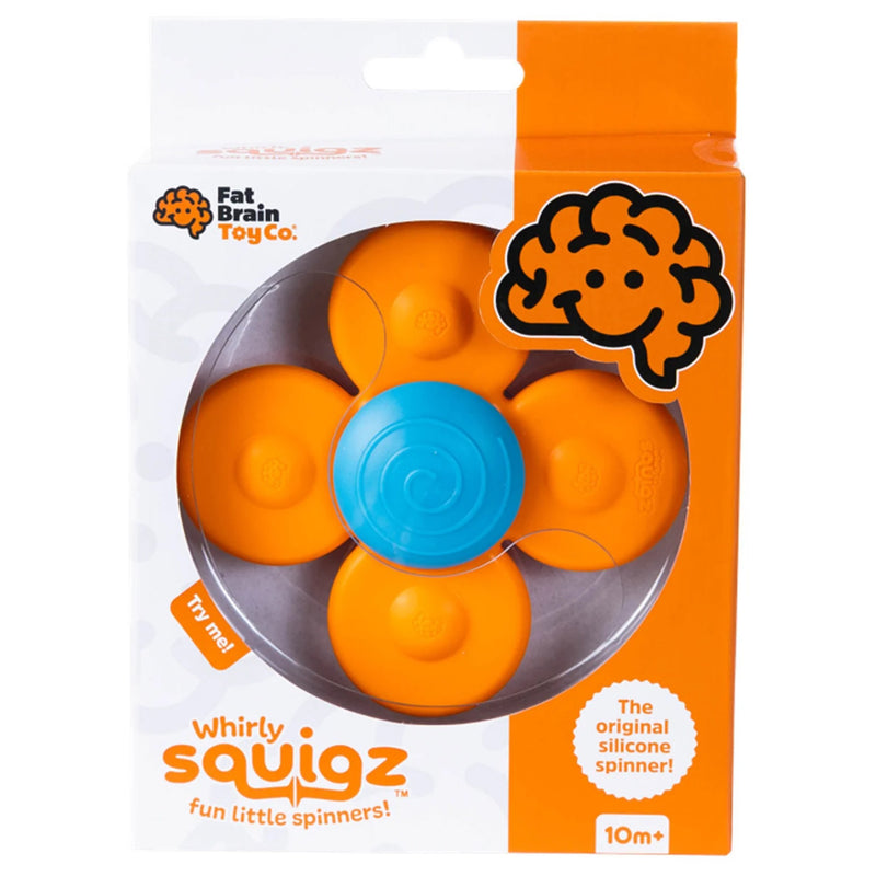 Fat Brain Toy Co. Whirly Squigz silicone spinner toy in its retail packaging.