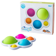 A colorful dimpl toy set with five dome-shaped balls in pink, green, blue, orange, and yellow, shown in front of its white packaging box on a white background.