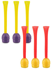Six Doinkit Darts refills with mesh tubes in yellow and red colors with purple and yellow bases